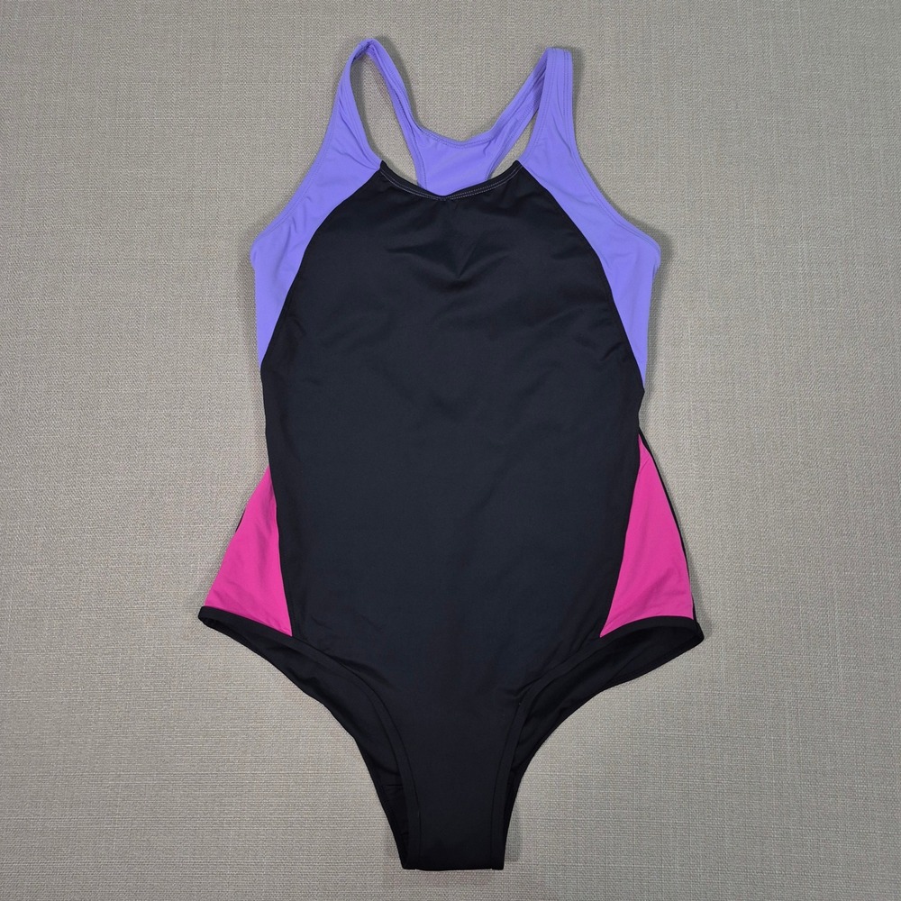 Beautikini One Piece Period Swimsuit Colorblock Racerback Black Purple Pink L